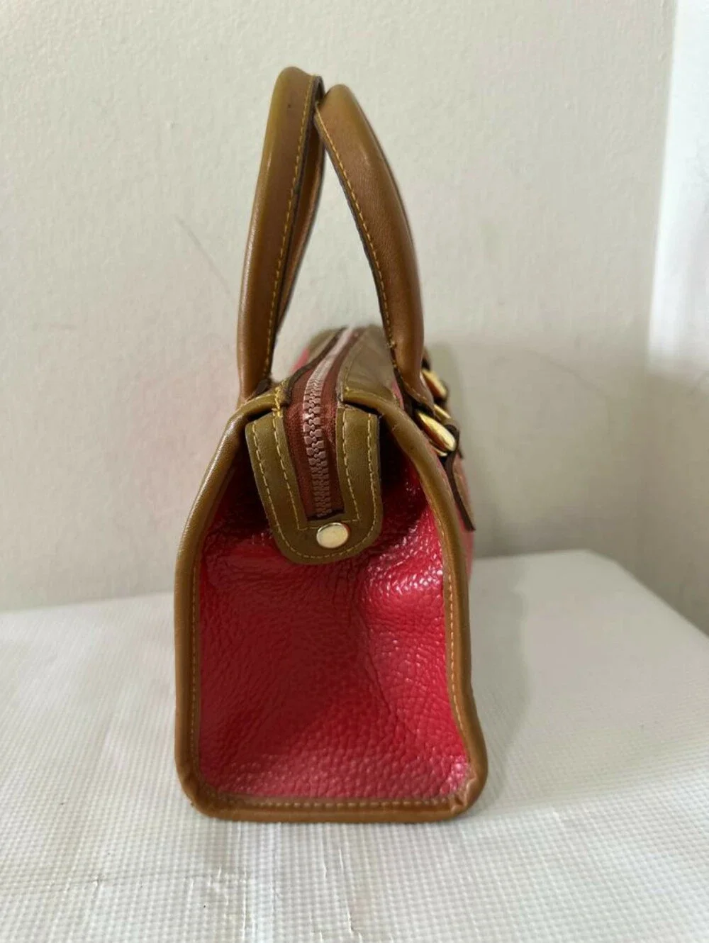 Vintage Dooney & Bourke AWL Red & British Tan Mini Boston Satchel Bag